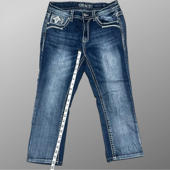 Grace LA Y2K Capri Jeans Sz 27 Easy Fit Embroidered Thick Stitch - Picture 3 of 9